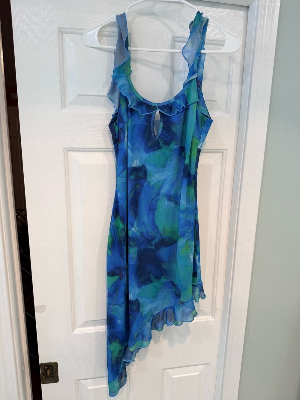 Asymmetrical Blue-Green Ruffle Slip Dress